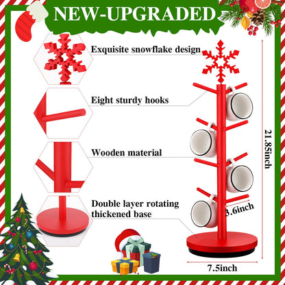 DoubleFill Christmas Tree Coffee Mug Holder 8 Hooks Snowflake Mug Holder for Countertop Snowflake Cup Rack Wood Christmas Tree Display for Kitchen Coffee Accessories