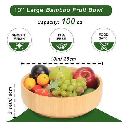 ZTHapwa Large Fruit Bowl for Kitchen Counter, 10 Inch Bamboo Wooden Straight-Side Serving Bowl for Salad, Vegetables and Fruits, Rustic Decorative Bowls for Dinner Table Centerpiece Decor, 100 Oz