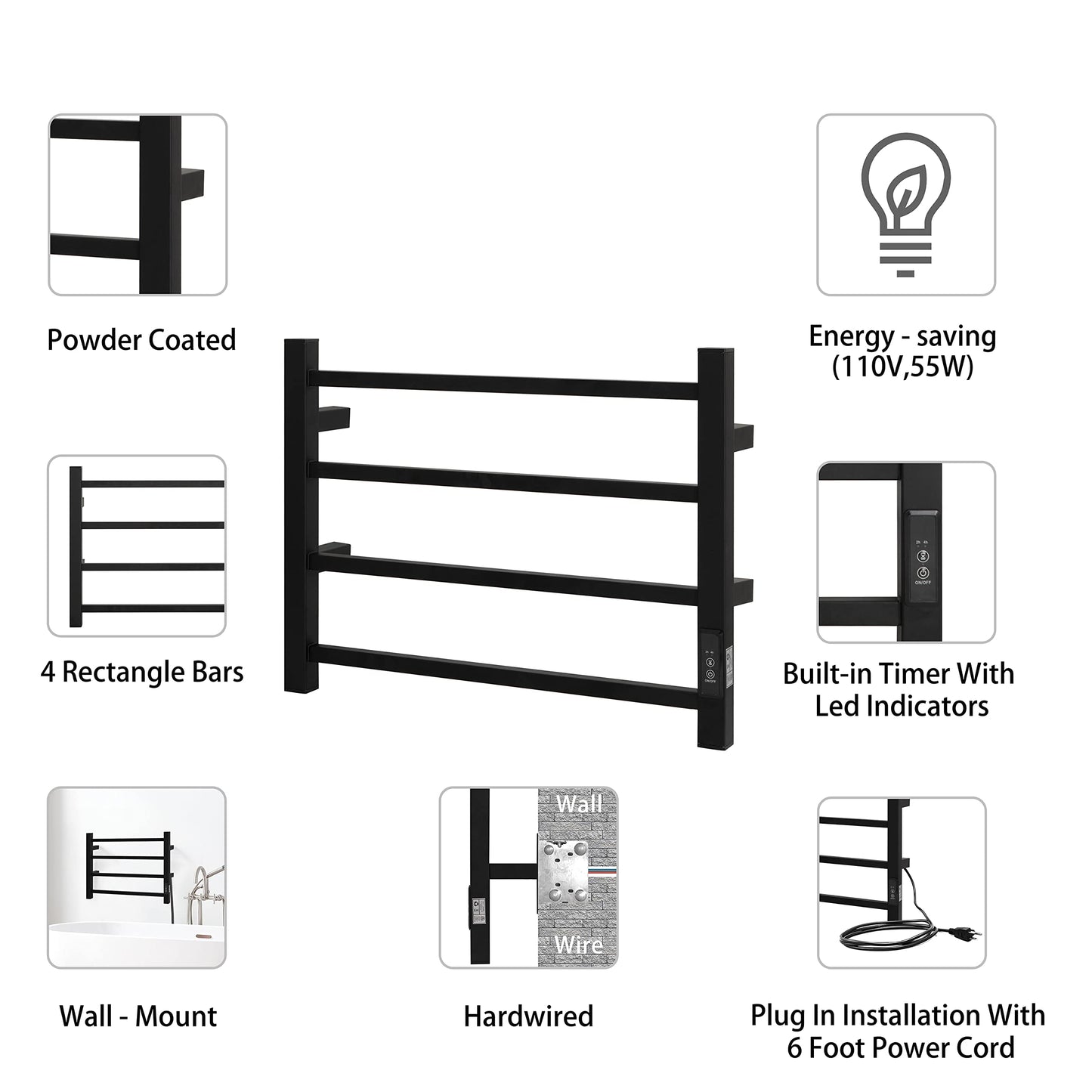 KEG Towel Warmer 8 Bars for Bathroom Freestanding or Wall Mounted Bath Towel Heater Plug-in with Built-in Timer Silver