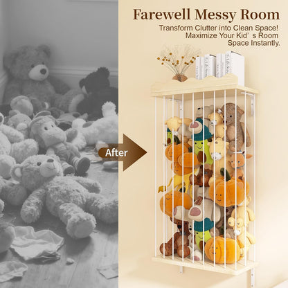 Sunifier Adjustable Stuffed Animal Storage with Shelf (Patented) - Large Wooden Hanging Plush Toy Organizer - Corner Stuffy Animals Hammock Net Holder for Kids Room, Nursery, Bedroom