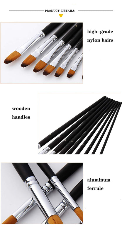 Artist Paint Brushes Set,9 Pcs Professional Filbert Brushes for Acrylic Oil Watercolor Gouache Painting Kits with Long Handle Nylon Hair Black