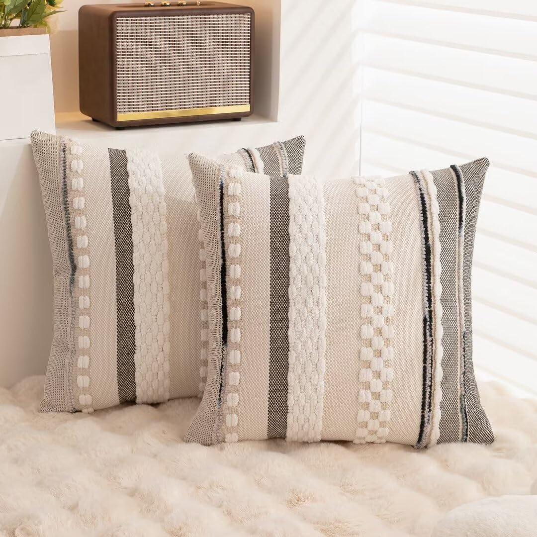 Boho Throw Pillow Covers 18x18 Set of 2 Farmhouse Decorative Cushion Case Striped Square Pillows Cover Chenille Pillow Cases Accent Neutral Pillowcase for Sofa Couch Bed,Sky Blue