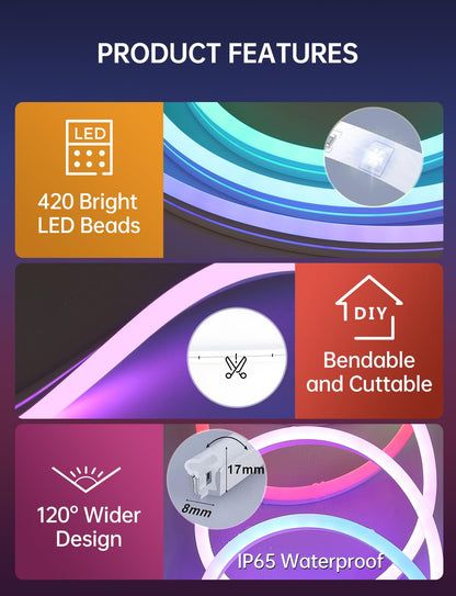 Lucienstar Neon Rope Lights, Smart RGB+IC Neon Light Strip, Voice Control via Alexa, Google Assistant, Flexible Custom DIY LED Strip Lights for Bedroom, Wall Decor, 16.4 ft (2.4G WiFi Only)