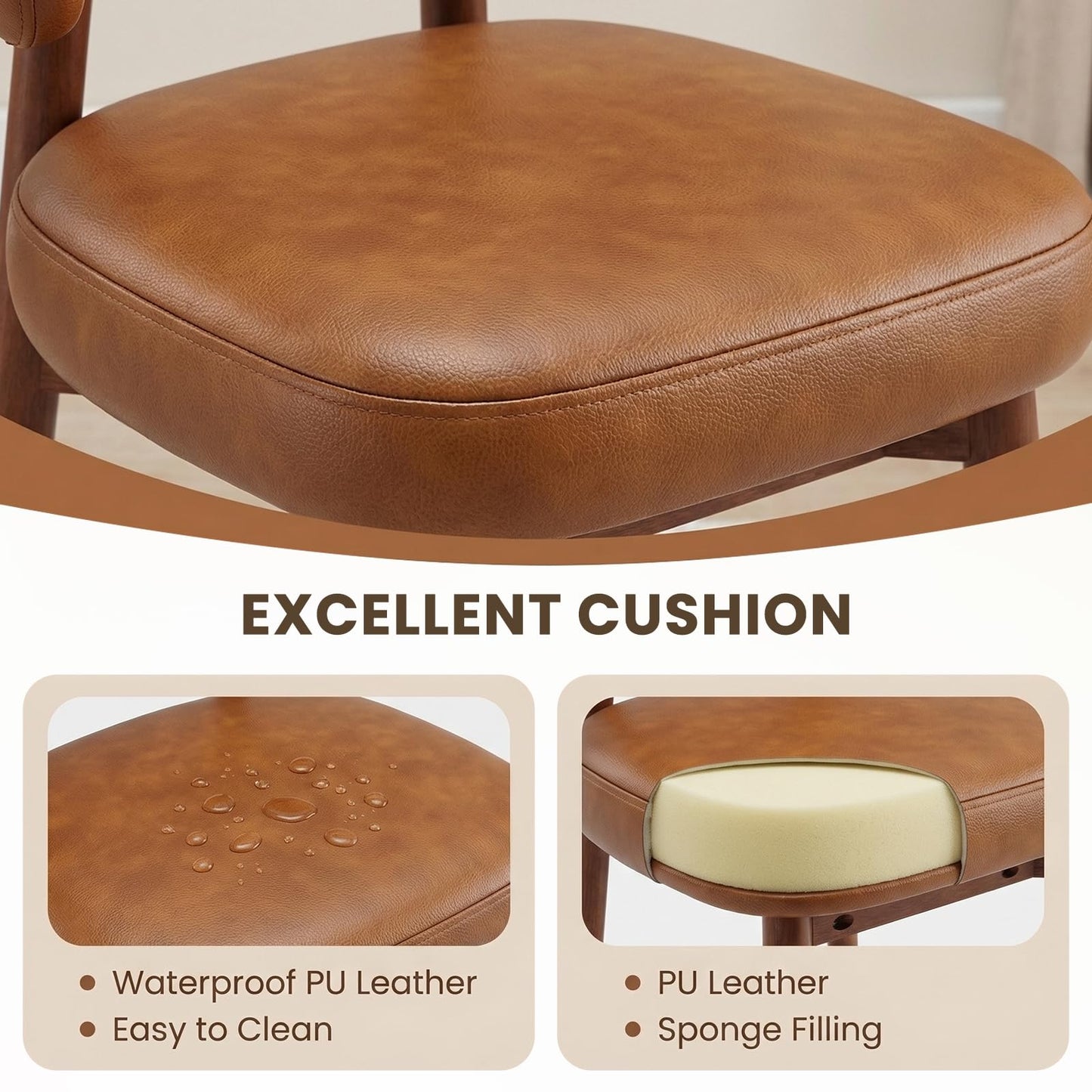 MALOL Wooden Dining Chairs Set of 2, Modern Upholstered Dining Room Chair, PU Leather Kitchen Side Chairs with Curved Open Back for Living Room/Restaurant/Cafe, Brown