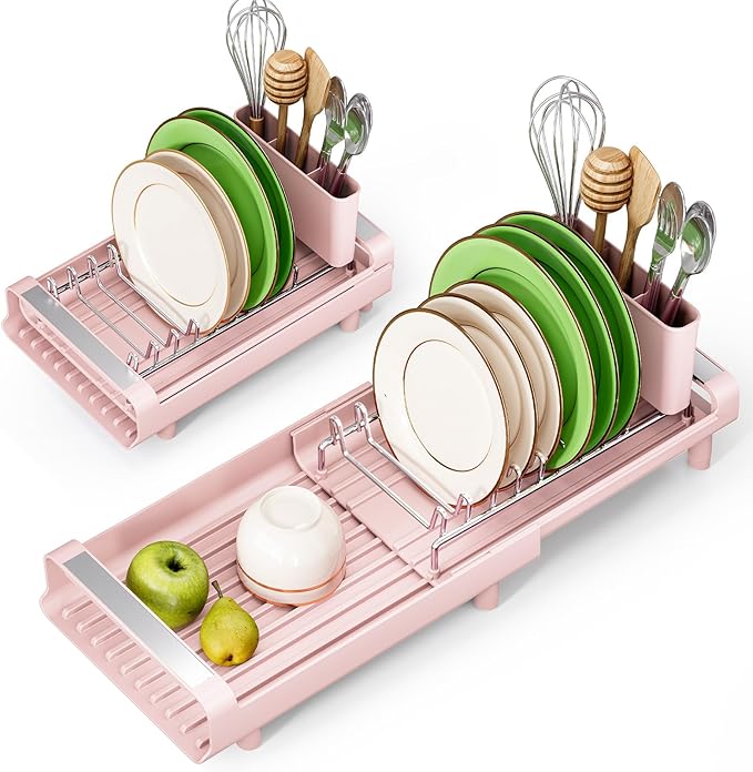 TOOLF Small Dish Drying Rack, Mini Expandable Compact Dish Rack, Slim Extendable Stainless Steel Dish Drainer for Kitchen Plate Storage, Space Saving Dish Strainer in Sink or on Home Countertop, Pink
