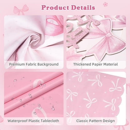 Pink Bow Coquette Birthday Decorations for 24 Guests, Party Supplies with Plates, Napkins, Cups, Balloon Garland Arch, Happy Birthday Banner, Tablecloth, Backdrop, Cake & Cupcake Toppers