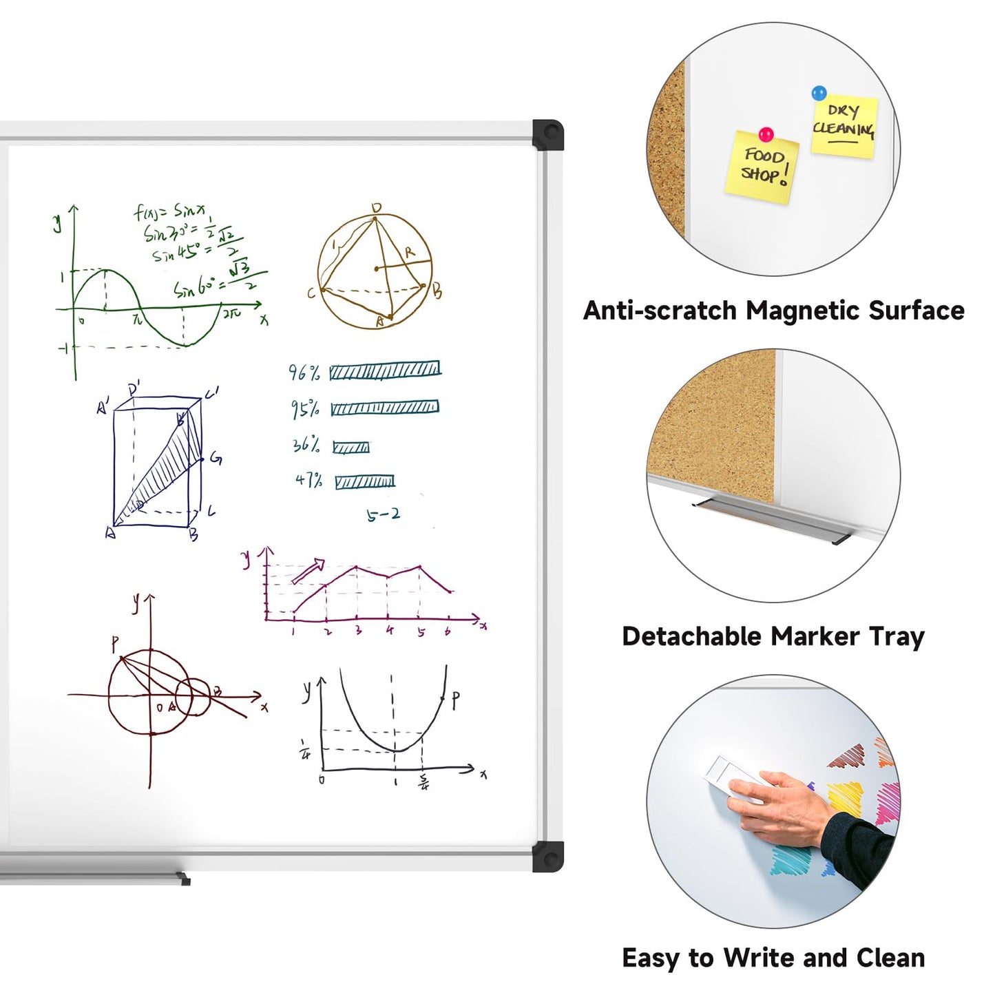 XBoard Magnetic Dry Erase Board & Cork Board 48 x 36 whiteboard, Combination White Board with Aluminum Frame