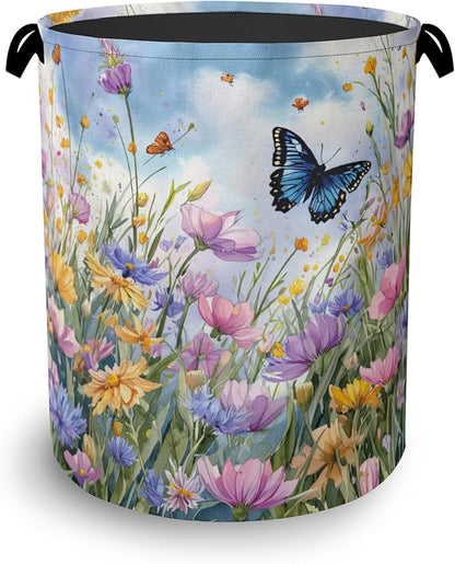Wildflowers Butterfly Laundry Basket, Floral Garden Oxford Cloth Laundry Hamper