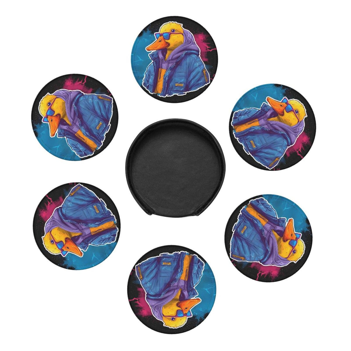 BOXIMIAO Drink Coasters with Holder Stand Set of 6, Cute Cyberpunk Duck Pu Leather Absorbent Coasters with Cork Base Table Coaster Round Coasters for Housewarming Apartment Kitchen Bar Decor