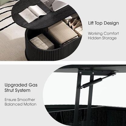 JOINICE 42.5" Oval Lift Top Coffee Table with Storage,Modern Black Center Table with Fluted Design, Solid Wood Legs & Hidden Compartment, Pop Up Coffee Table for Living Roomm