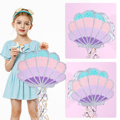 Wernnsai Mermaid Seashell Piñata - Pink Shellfish Piñatas for Kids Girls Birthday Mermaid Princess Party Decorations Under The Sea Ocean Theme Party Games With Bat Blindfold 16“ x 12.5" x 3"