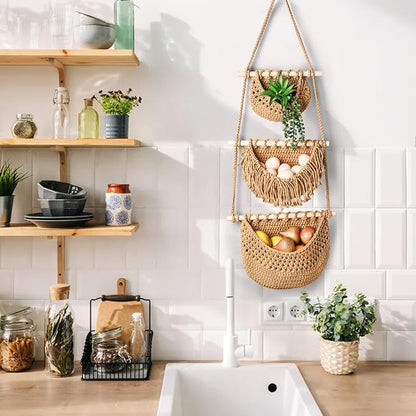 Lawei 3 Tier Hanging Fruit Basket, Wall Hanging Vegetable Fruit Baskets Cotton
