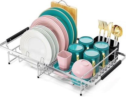 Urackify Expandable Stainless Steel in Sink Dish Drying Rack, Dish Rack Over Sink, Rustproof Dish Drainer for Kitchen Counter, Dish Strainer with Utensil Holder, Fit Sink for 13"-18", Silver