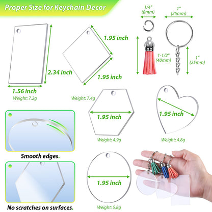Cruzix 200Pcs Blank Keychains for Vinyl, Acrylic Keychain Blanks Bulk with 5 Shapes Clear Acrylic Disc Leather Tassel Charms Key Chains Jump Ring for DIY Craft Ornament Engrave Painting