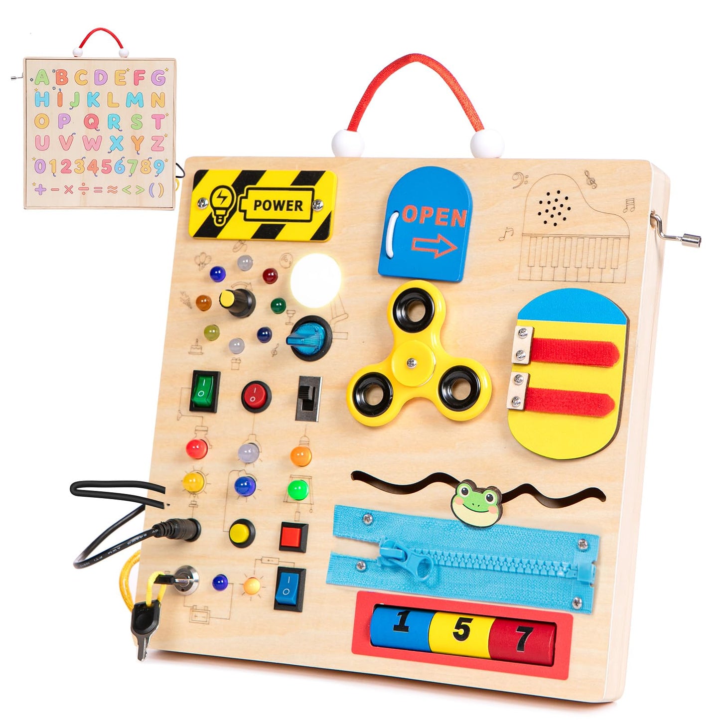 GNAYUIJ Wooden Busy Board Montessori Toy for Toddlers,Educational Learning Toy for 1 2 3 Year Boys & Girls,Sensory Activity Board with LED Light & Music Boxes, Travel Toys for Kids Birthday Gift