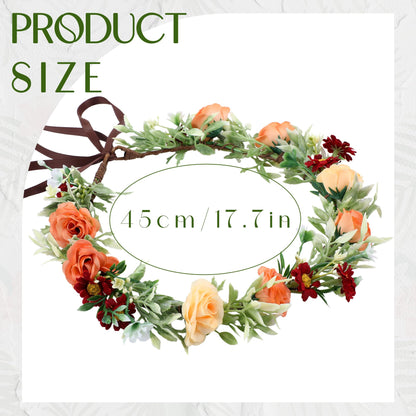 KorViSHOW Floral Crown Women Girls - Orange Boho Floral Headpiece with White Green Leaves Charming Fairy Flower Headband for Wedding Photo Shoot Festivals