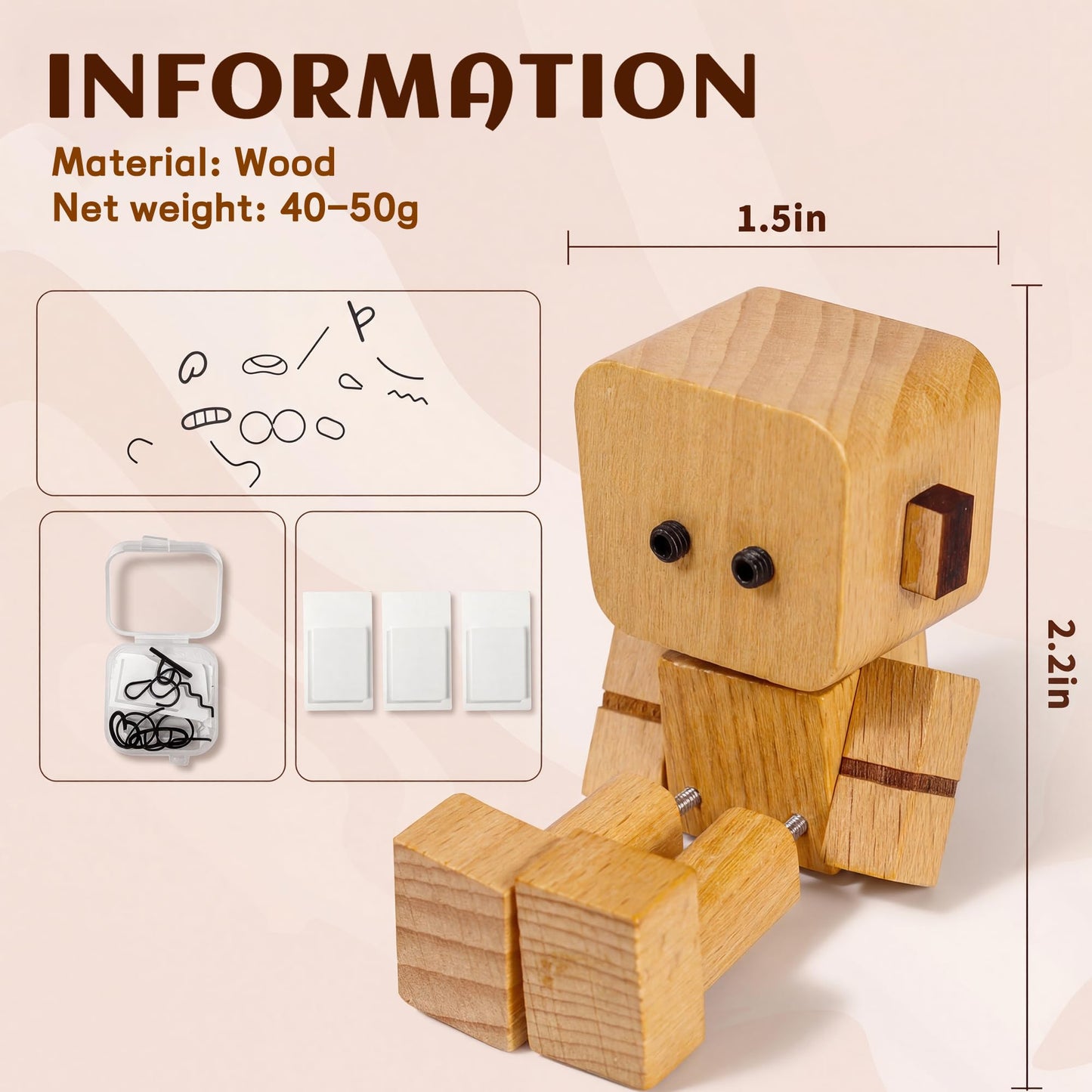 4 pcs Shaking Wooden Man Figurine,Wooden Figure with Spring Legs, Shaking feet Wood Doll, Funny Desktop Decor with 12 PCS Expressions, Car Dashboard Decorations(Beech)