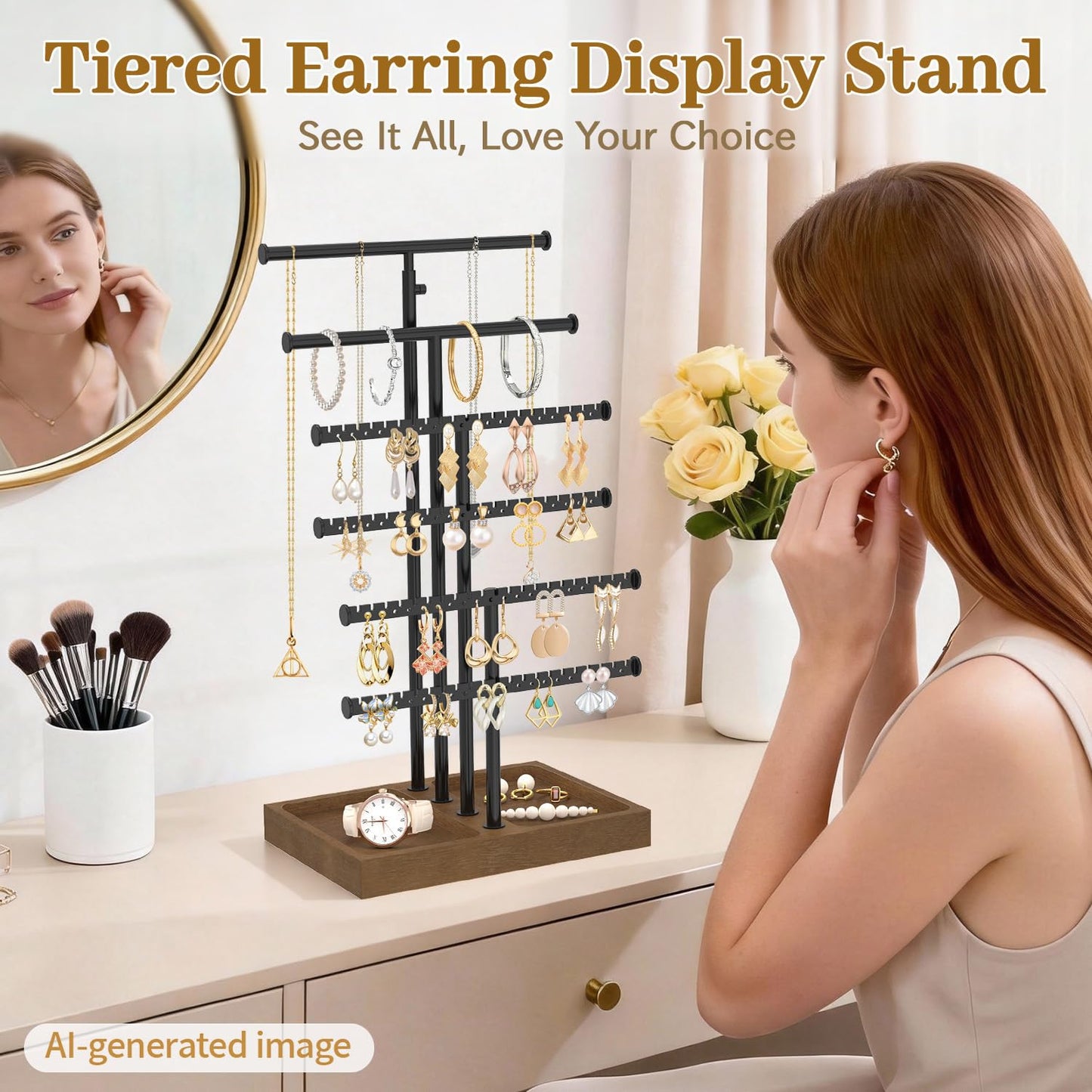MODOWEY Necklace Holder Organizer Earring Display Stand with Wooden Tray, Metal Adjustable Bracelet Tree Rack for Women Vendor Selling, 6 Tier Tall T Bar Large Storage Tower for Find Jewelry In Second