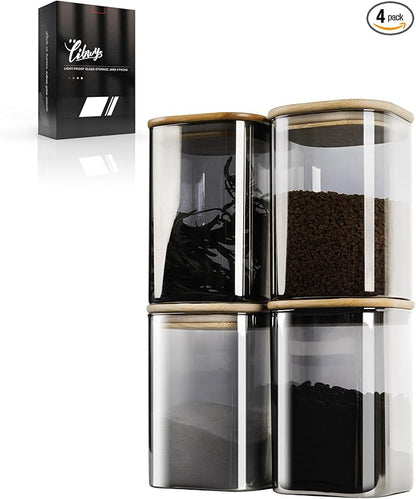 LIBWYS 4-Pack Anti-UV Square Glass Storage Jars with Bamboo Lids (1.22Qt) - Light Resistant Containers (LRC) for Pantry Organization, Coffee Beans, Loose Tea, Sugar, Pet Food | Kitchen Canisters Set