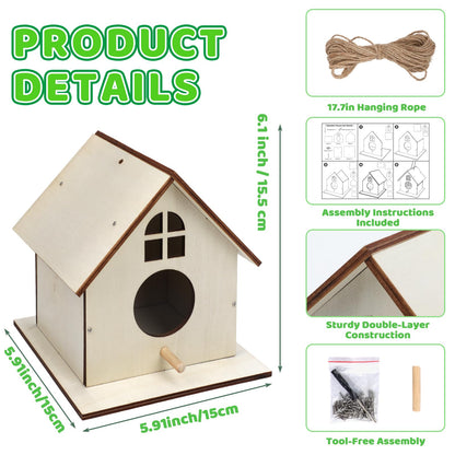 Entallor 12 Pack Wooden DIY Birdhouse Kit for Kids Adults, Thickened Double-Layer Wood with Screwdrivers, Nails, Ropes, Easy Build & Paint Arts and Crafts Set for Backyard Garden Bird Watching