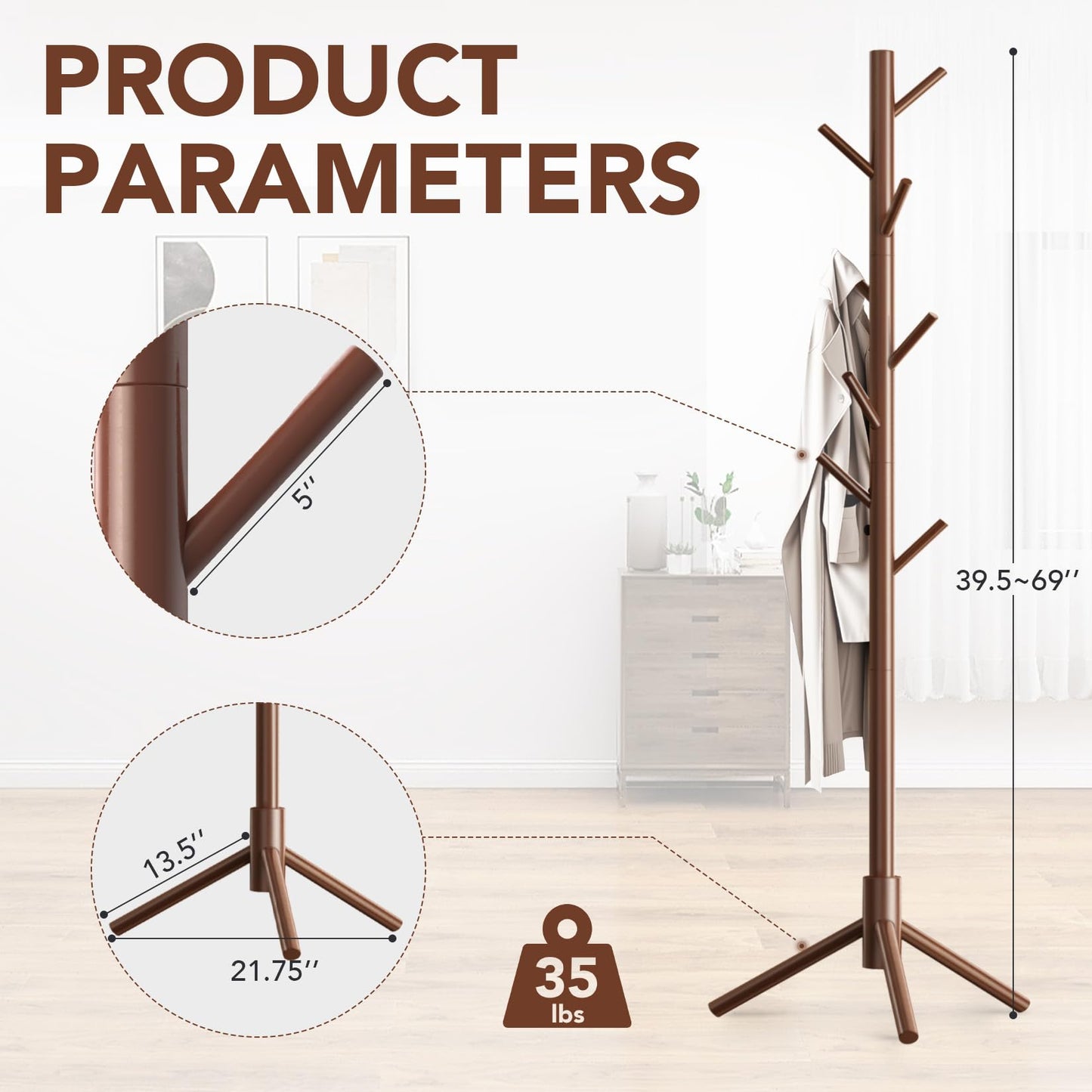 OUTGAVA Wooden Coat Rack Freestanding with 8 Hooks,Easy Assembly New Zealand Pine Tree Coat Racks, 3 Adjustable Sizes for Clothes, Hats, Bags, for Entryway, Hallway, Bedroom, Office (Brown, 1 PC)