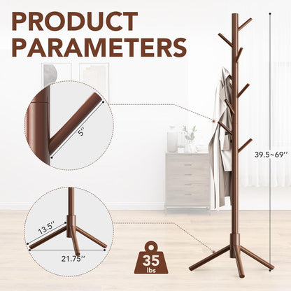 OUTGAVA Wooden Coat Rack Freestanding with 8 Hooks,Easy Assembly New Zealand Pine Tree Coat Racks, 3 Adjustable Sizes for Clothes, Hats, Bags, for Entryway, Hallway, Bedroom, Office (Brown, 1 PC)
