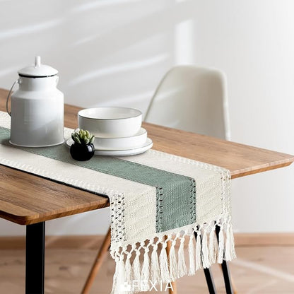 FEXIA Sage Green Table Runner 36 Inches Long with Tassels Boho for Summer Home Decor Rustic Macrame Farmhouse Table Cover for Wedding Party Bohemian Bridal Shower Dining Decorations(12x36 Inches)