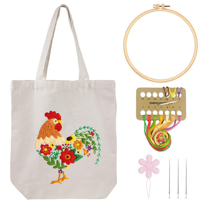 Louise Maelys Embroidery Kit Canvas Tote Bag for Beginners,Cross Stitch Kits for Adults,DIY Needlepoint Include Rooster and Flower Pattern,Women Shopping Reusable Grocery Bags