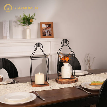 Staymoment Candle Sconces Wall Decor: Set of 2 Farmhouse Wood Candle Holder Indoor Black Metal Lantern Decorations for Living Room Front Porch Yard