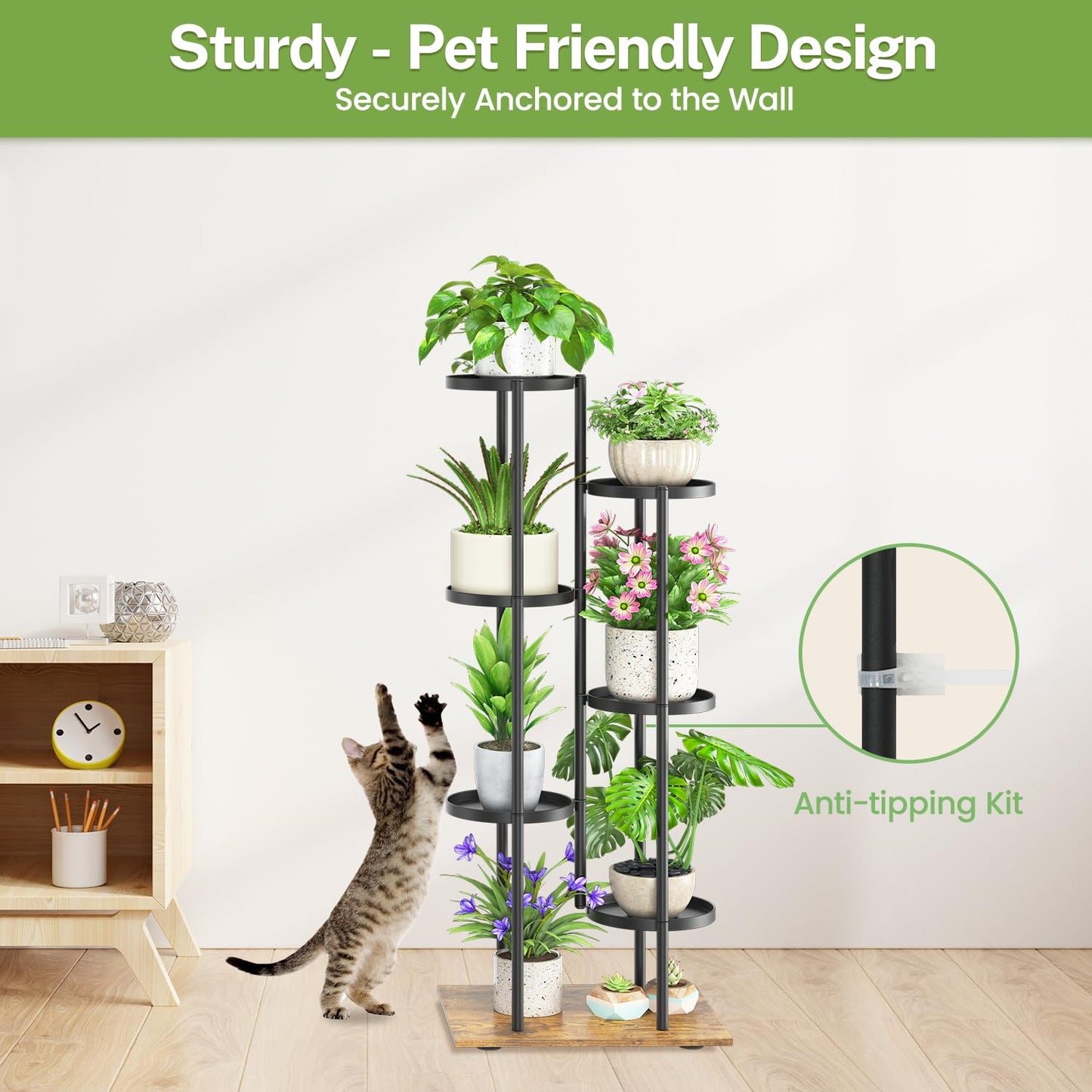 iDavosic.ly 6 Tier Plant Stand Indoor Outdoor Set of 2, Metal Wood Corner Flower Pot Holder Shelf and 50 Inch Tall Orchid Display Rack for Patio Porch Living Room Balcony, Modern Black & Rustic Brown