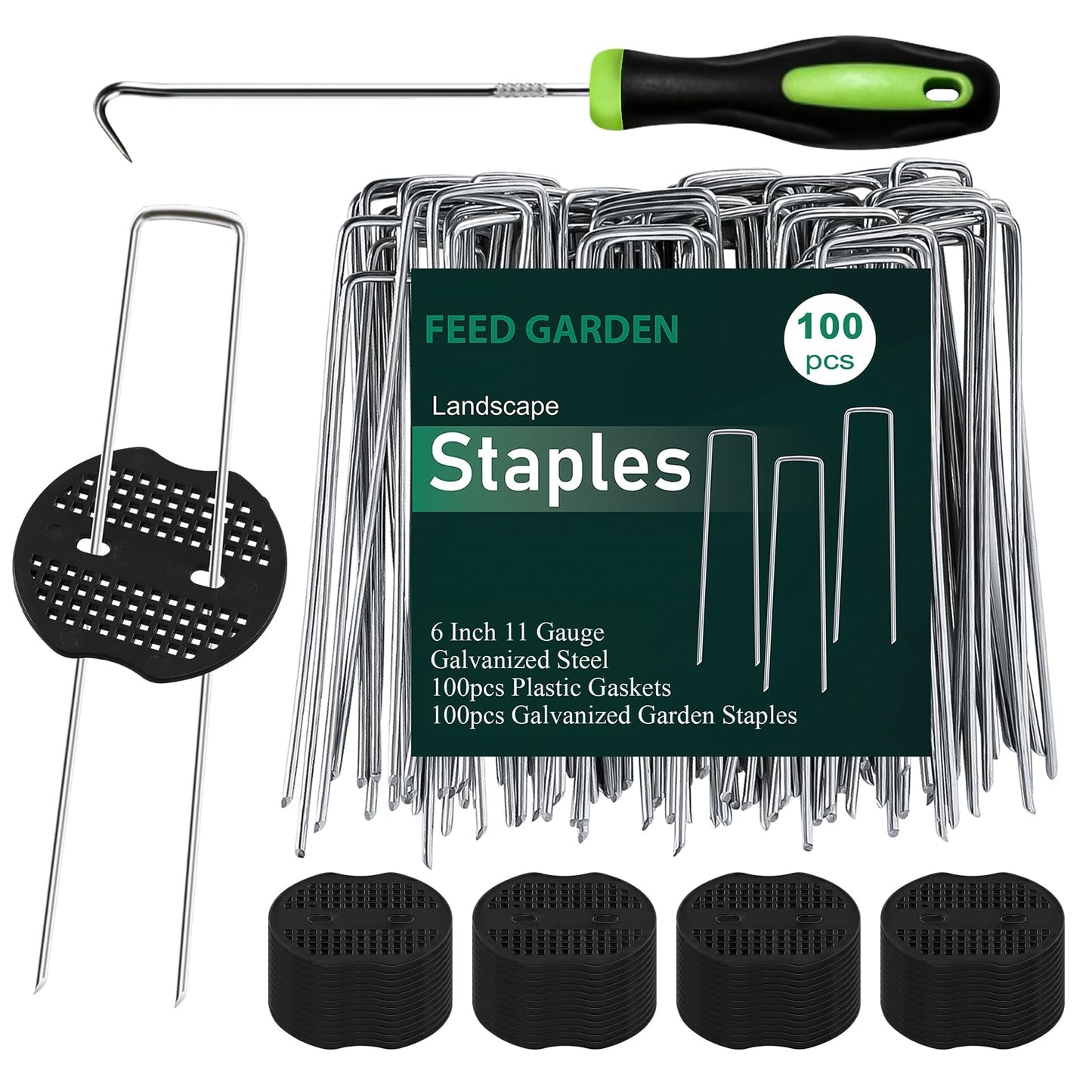 FEED GARDEN Landscape Staples 6 Inch 100 Pack Kit, Heavy Duty 11 Gauge Hot-Dip Galvanized Garden Stakes with 100 Gaskets & 1 Pick Hook for Weed Barrier, Landscape Fabric, Sod, Turf & Garden Edging