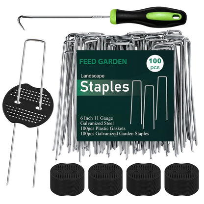 FEED GARDEN Landscape Staples 6 Inch 100 Pack Kit, Heavy Duty 11 Gauge Hot-Dip Galvanized Garden Stakes with 100 Gaskets & 1 Pick Hook for Weed Barrier, Landscape Fabric, Sod, Turf & Garden Edging