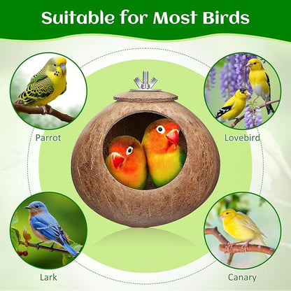 POPETPOP Natural Coconut Fiber Hanging Birdhouse for Cage - Coconut Shell Pet Bird Nest, Hanging Bird Breeding Nest for Parrot Parakeet Lovebird Finch Canary