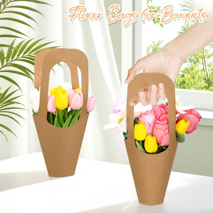 Flower Bags,100 Packs,Flower bags for Bouquets,Kraft Paper Flowers Gift Bags With Handle,Suitable for flower Shops, Weddings, Valentine's Day, Birthday Parties, Thanksgiving, Home Decoration (13.8Inches)