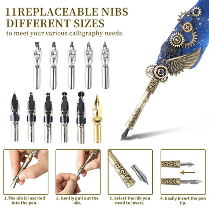LongLongJin Calligraphy Pens and Ink Set - Calligraphy Kits for Beginners,Quill Pen Includes Dip Pen,8*Colors Ink,11*Calligraphy Pen Nibs（Blue）