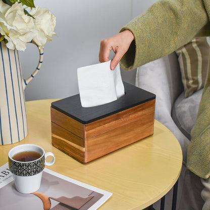 Rectangular Tissue Box Cover, Acacia Wood Rectangle Tissue Box Holder for for Bathroom Bedroom Dinner Table Office, Modern Farmhouse Style Cube Tissue Box