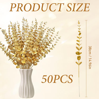 ABYCZFCD 50 Pcs Gold Flowers Gold Eucalyptus Leaves Stems 15'' Faux Eucalyptus Leaves Decor Fake for Wedding Party Bouquet House Home Farmhouse Vase DIY Craft