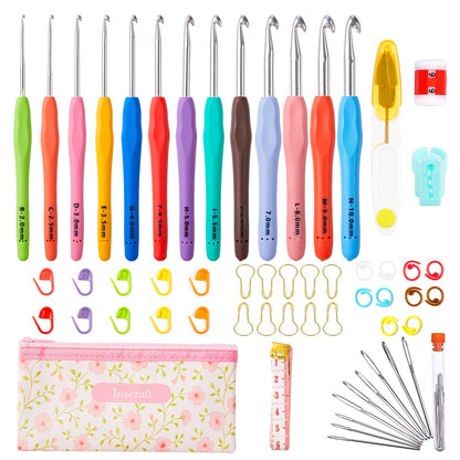 INSCRAFT 67 Pack Crochet Hooks Set, 13 PCS 2mm(B)-10mm(N) Ergonomic Soft Grip Crochet Handles Yarn Knitting Needles Kit with Case for Arthritic Hand, Crochet Starter Kit for Beginners and Lovers