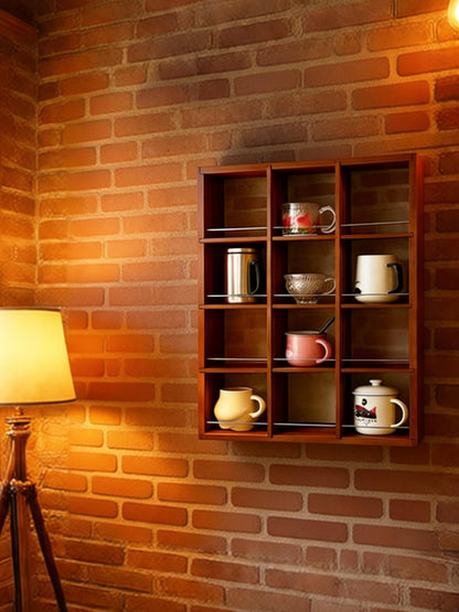 YIYUESHIJIU Wall Mounted Coffee Cup Holder, Cup Holder, 4-Tier Cup Display Shelf, Kitchen Coffee Bar Storage Organizer for Mugs, Cups and Collectibles with 12 Compartment (Walnut)