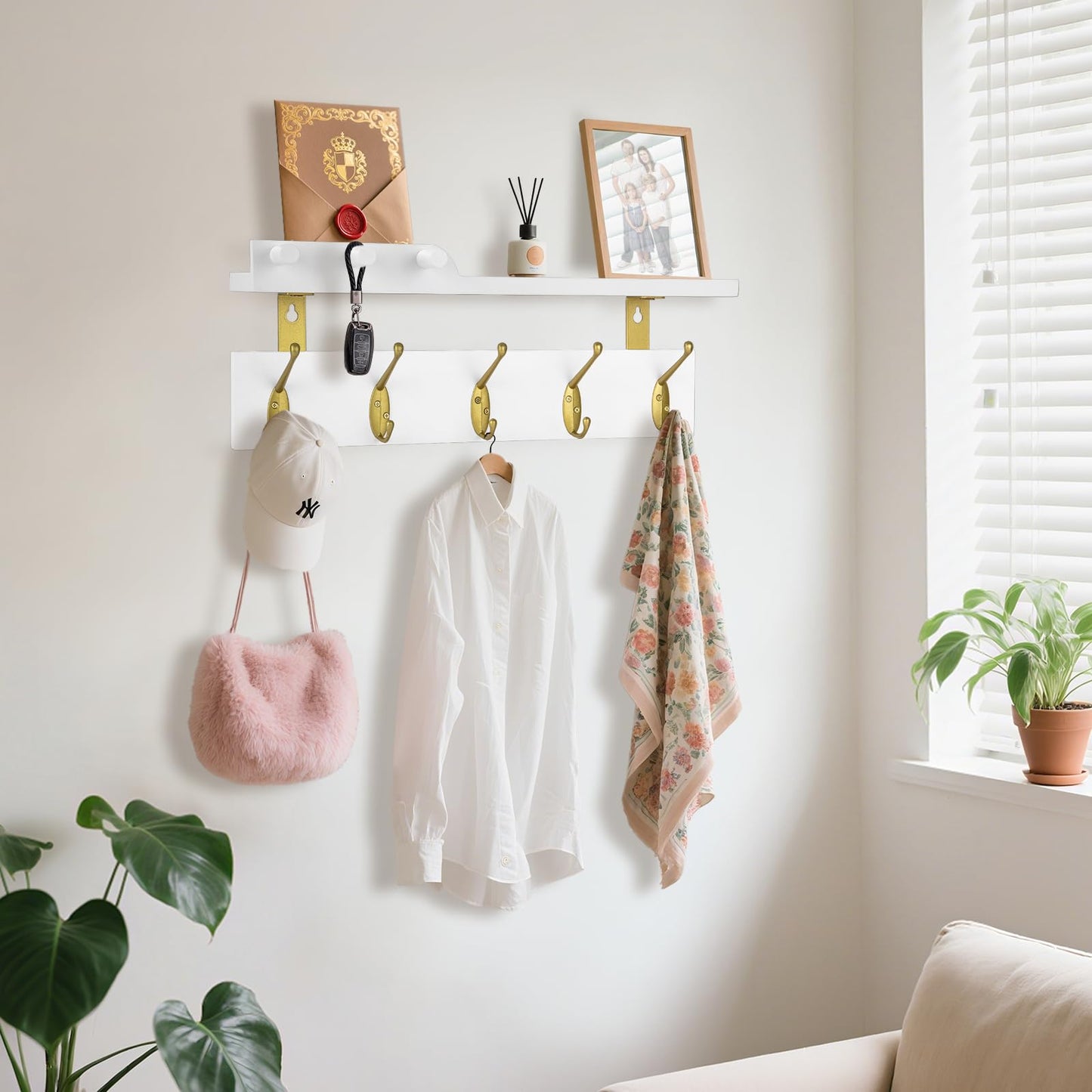 Lampaggio Wall Mounted Coat Rack with Shelf, 5 Gold Double Hooks, 3 Pegs, 16.5 inches White Wood Floating Shelf for Entryway, Bathroom, Bedroom