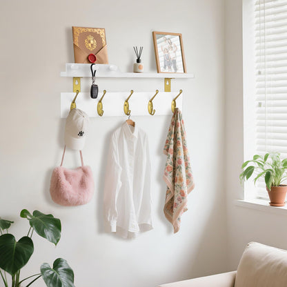 Lampaggio Wall Mounted Coat Rack with Shelf, 5 Gold Double Hooks, 3 Pegs, 16.5 inches White Wood Floating Shelf for Entryway, Bathroom, Bedroom