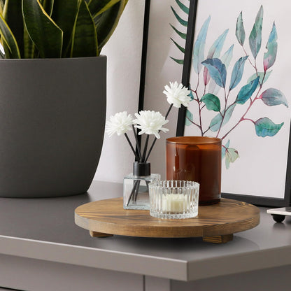 Round Decorative Tray Burnt Wood Bathroom Counter Organizer Pedestal Stand Farmhouse Kitchen Decor Wooden Riser for Soap Dish, Perfume, Candle, Sponge, 10" - Brown