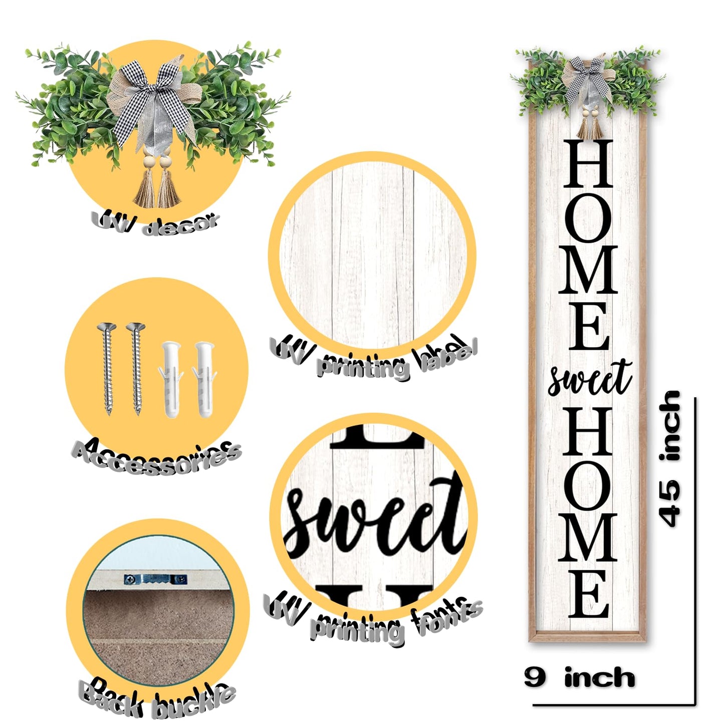 LuZhiQiang Welcome Sign for Front Porch Outdoor Home Sweet Home, 45"X9" For Large Front Door Wreath Standing Wooden Frame Tall Vertical Leaner Long Signs, Rustic Outside Farmhouse Garden Patio Decor (Wood)