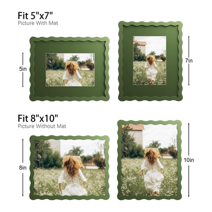 THKRLOF 8x10 Picture Frame with Mat for 5x7, Wavy Edge Wooden Real Glass Photo Frame for Tabletop and Wall Hanging, Green, 1 Pack