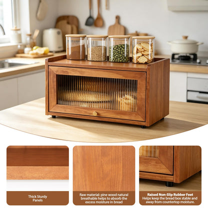 OCSERMIR Wooden Bread Box for Kitchen Countertop, Daily Bread Storage for Clutter-Free Counters, Flat Top Bread Holder with Acrylic Door, Brown