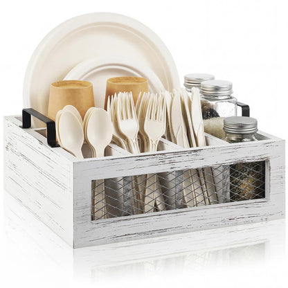 Mimorou Farmhouse Wooden Napkin Paper Plate and Utensil Holder Caddy Kitchen Utensil Holder Farmhouse Rustic Cutlery Flatware Organizer for Party Caddy Spoon Forks Napkins(Distressed White)