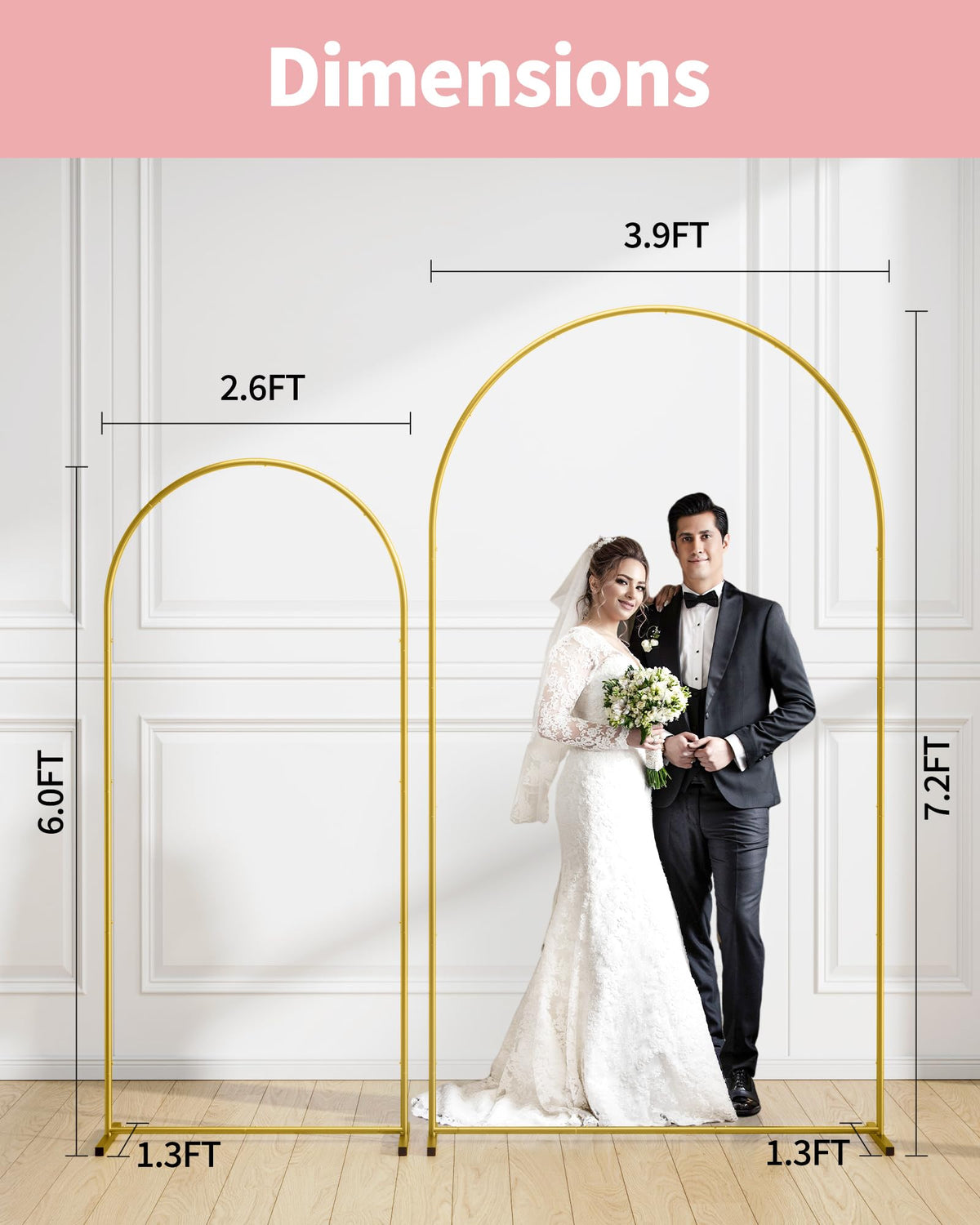 Pureegg Gold Metal Arch Backdrop Stand Set of 3 (7.2ft & 6.0ft & 6.0ft), Wedding Balloon Arch Stand with Stable Base, Backdrop Frame & Cover for Party, Birthday, Graduation, Photo Booth, Easy Assembly