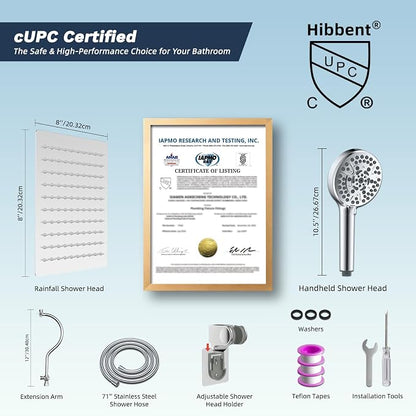 Hibbent All Metal CUPC Certified Shower Head, 8'' High Pressure Rainfall Shower Head, Handheld Showerhead Combo, 12'' Adjustable Extension Arm, 10 Sprays, 71'' Shower Hose, Showerhead Holder, Chrome