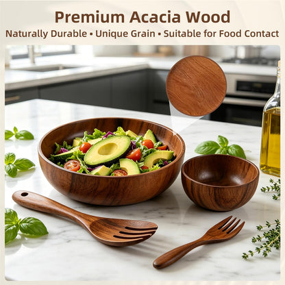 E-ROOM TREND Acacia Wood Salad Bowl Set (4-Piece), Durable & Easy to Clean, Wooden Salad Bowl with Serving Utensils for Salad, Fruit, Pasta, Everyday Kitchen Use