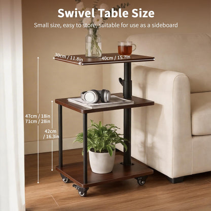 Bingyouth 360° Swivel Side Table with Storage, Height Adjustable, Smooth-Rolling Wheels, C-Shaped End Table for Couch/Sofa, Recliner, Living Room, Walnut-Look